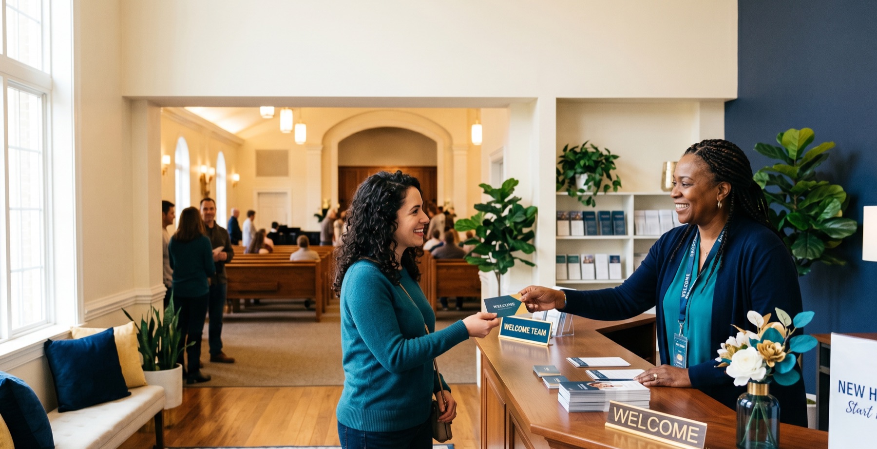 A first-time visitor being welcomed at a church